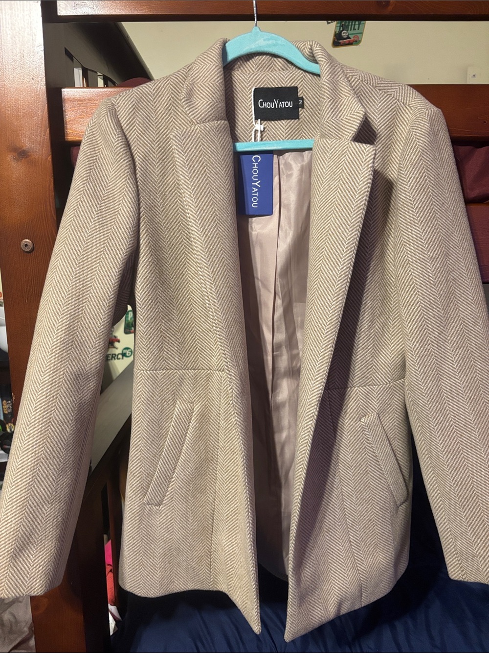Chouyatou Women's Beige Herringbone Open Blazer Jacket